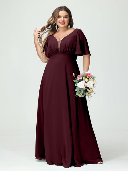 Corte A/Princesa Decote Em V Meia Manga Chiffon Vestidos de Dama de Honra Tamanho Grande com Bolsos