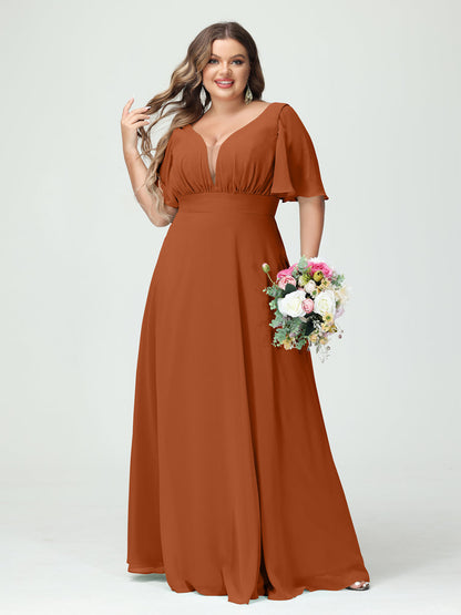 Corte A/Princesa Decote Em V Meia Manga Chiffon Vestidos de Dama de Honra Tamanho Grande com Bolsos