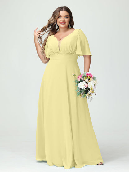 Corte A/Princesa Decote Em V Meia Manga Chiffon Vestidos de Dama de Honra Tamanho Grande com Bolsos