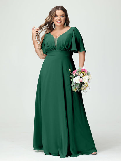 Corte A/Princesa Decote Em V Meia Manga Chiffon Vestidos de Dama de Honra Tamanho Grande com Bolsos