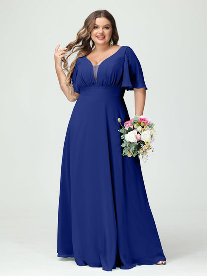 Corte A/Princesa Decote Em V Meia Manga Chiffon Vestidos de Dama de Honra Tamanho Grande com Bolsos