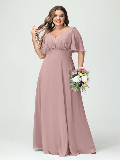 Corte A/Princesa Decote Em V Meia Manga Chiffon Vestidos de Dama de Honra Tamanho Grande com Bolsos