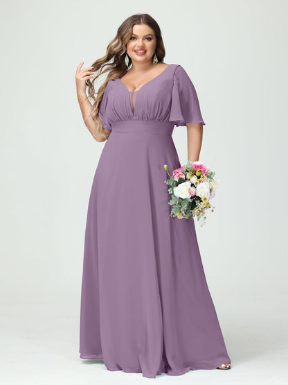 Corte A/Princesa Decote Em V Meia Manga Chiffon Vestidos de Dama de Honra Tamanho Grande com Bolsos