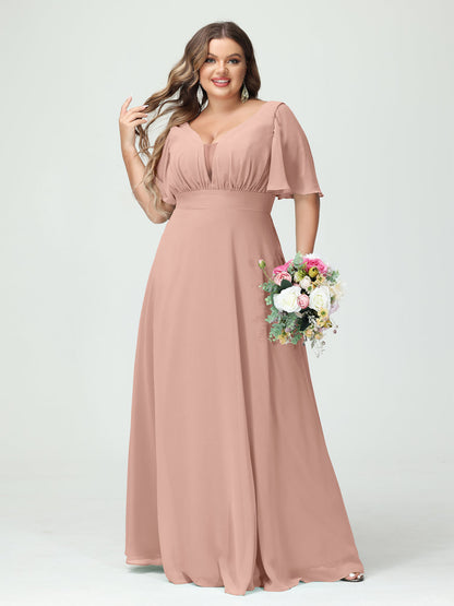 Corte A/Princesa Decote Em V Meia Manga Chiffon Vestidos de Dama de Honra Tamanho Grande com Bolsos