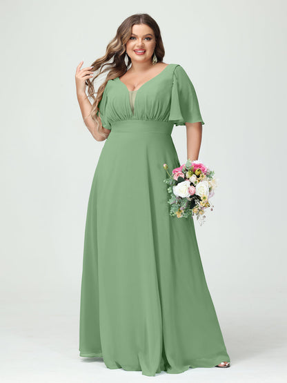 Corte A/Princesa Decote Em V Meia Manga Chiffon Vestidos de Dama de Honra Tamanho Grande com Bolsos
