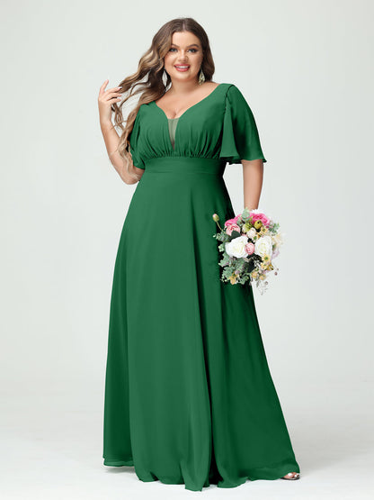 Corte A/Princesa Decote Em V Meia Manga Chiffon Vestidos de Dama de Honra Tamanho Grande com Bolsos