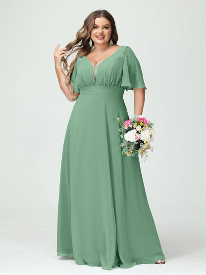 Corte A/Princesa Decote Em V Meia Manga Chiffon Vestidos de Dama de Honra Tamanho Grande com Bolsos