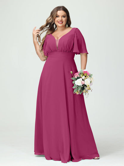 Corte A/Princesa Decote Em V Meia Manga Chiffon Vestidos de Dama de Honra Tamanho Grande com Bolsos