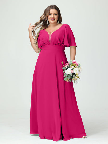 Corte A/Princesa Decote Em V Meia Manga Chiffon Vestidos de Dama de Honra Tamanho Grande com Bolsos