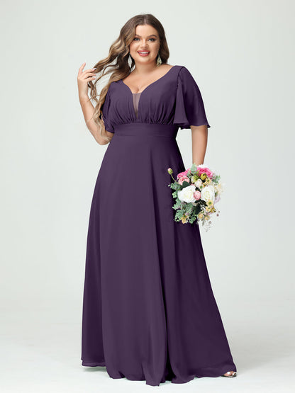 Corte A/Princesa Decote Em V Meia Manga Chiffon Vestidos de Dama de Honra Tamanho Grande com Bolsos