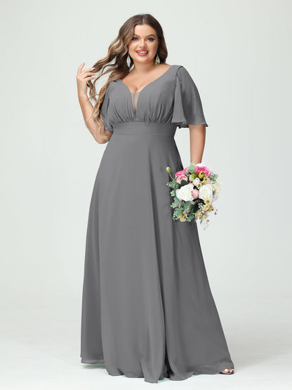 Corte A/Princesa Decote Em V Meia Manga Chiffon Vestidos de Dama de Honra Tamanho Grande com Bolsos