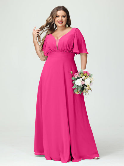 Corte A/Princesa Decote Em V Meia Manga Chiffon Vestidos de Dama de Honra Tamanho Grande com Bolsos