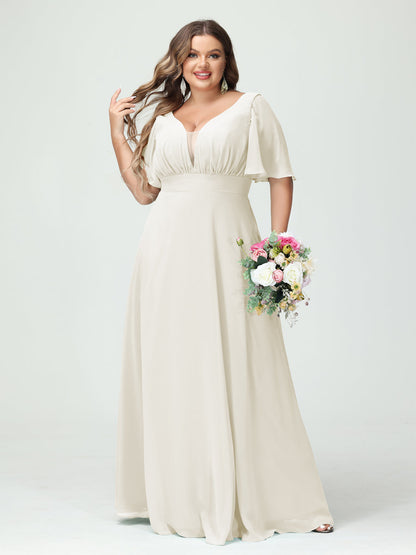 Corte A/Princesa Decote Em V Meia Manga Chiffon Vestidos de Dama de Honra Tamanho Grande com Bolsos