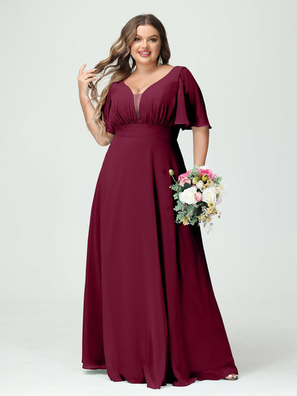 Corte A/Princesa Decote Em V Meia Manga Chiffon Vestidos de Dama de Honra Tamanho Grande com Bolsos