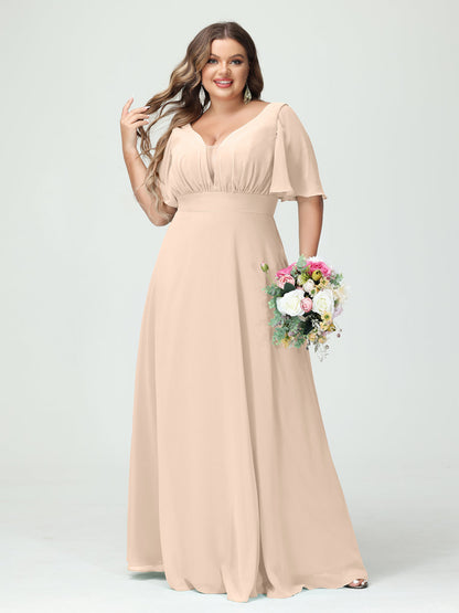 Corte A/Princesa Decote Em V Meia Manga Chiffon Vestidos de Dama de Honra Tamanho Grande com Bolsos