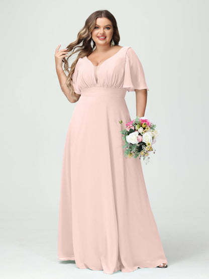Corte A/Princesa Decote Em V Meia Manga Chiffon Vestidos de Dama de Honra Tamanho Grande com Bolsos