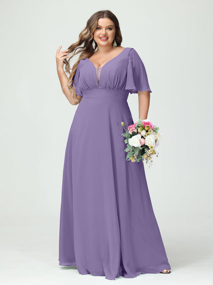 Corte A/Princesa Decote Em V Meia Manga Chiffon Vestidos de Dama de Honra Tamanho Grande com Bolsos