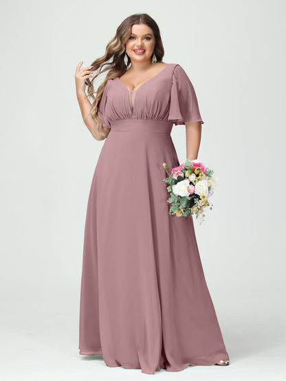 Corte A/Princesa Decote Em V Meia Manga Chiffon Vestidos de Dama de Honra Tamanho Grande com Bolsos