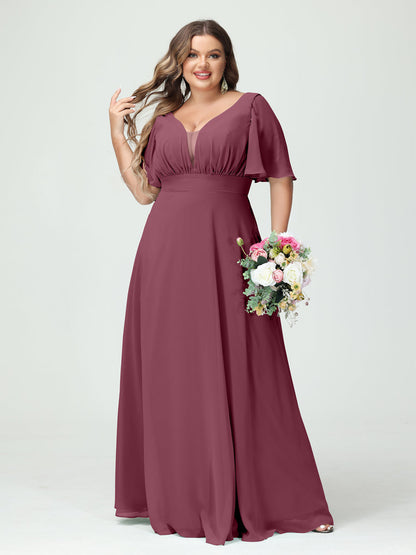Corte A/Princesa Decote Em V Meia Manga Chiffon Vestidos de Dama de Honra Tamanho Grande com Bolsos