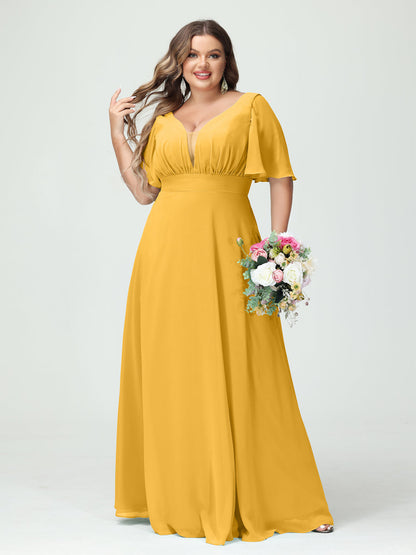 Corte A/Princesa Decote Em V Meia Manga Chiffon Vestidos de Dama de Honra Tamanho Grande com Bolsos