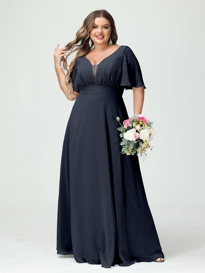 Corte A/Princesa Decote Em V Meia Manga Chiffon Vestidos de Dama de Honra Tamanho Grande com Bolsos
