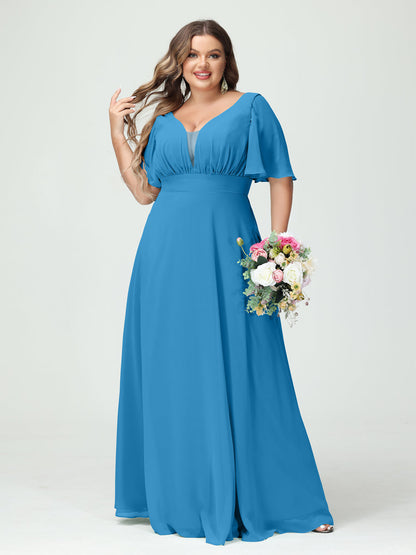 Corte A/Princesa Decote Em V Meia Manga Chiffon Vestidos de Dama de Honra Tamanho Grande com Bolsos
