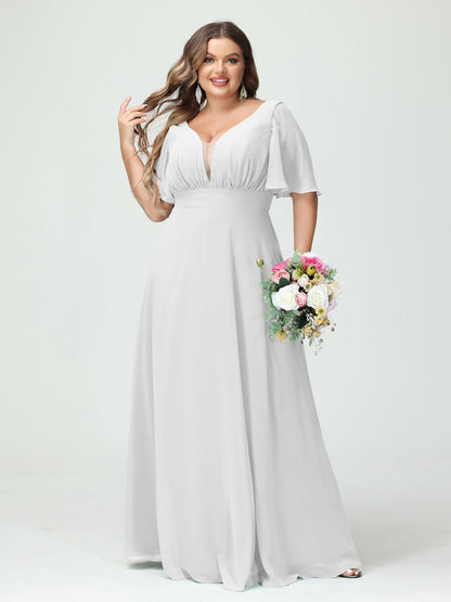 Corte A/Princesa Decote Em V Meia Manga Chiffon Vestidos de Dama de Honra Tamanho Grande com Bolsos