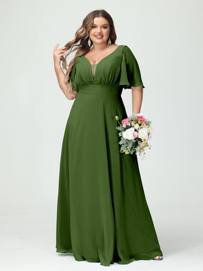 Corte A/Princesa Decote Em V Meia Manga Chiffon Vestidos de Dama de Honra Tamanho Grande com Bolsos
