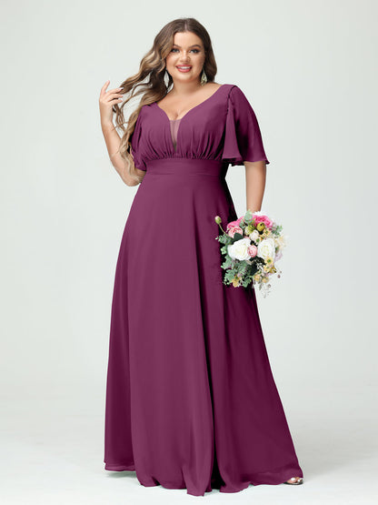 Corte A/Princesa Decote Em V Meia Manga Chiffon Vestidos de Dama de Honra Tamanho Grande com Bolsos