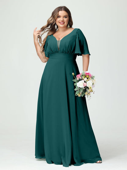 Corte A/Princesa Decote Em V Meia Manga Chiffon Vestidos de Dama de Honra Tamanho Grande com Bolsos