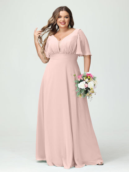 Corte A/Princesa Decote Em V Meia Manga Chiffon Vestidos de Dama de Honra Tamanho Grande com Bolsos