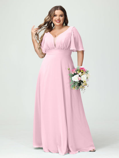 Corte A/Princesa Decote Em V Meia Manga Chiffon Vestidos de Dama de Honra Tamanho Grande com Bolsos