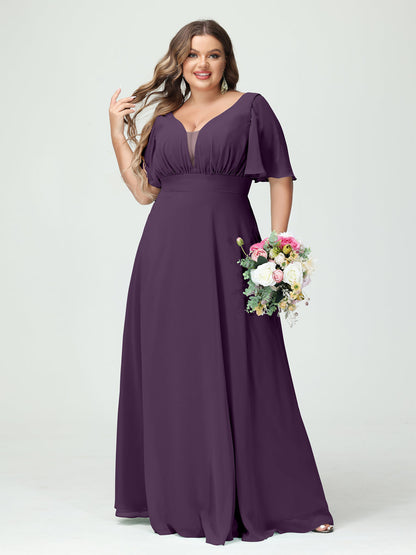 Corte A/Princesa Decote Em V Meia Manga Chiffon Vestidos de Dama de Honra Tamanho Grande com Bolsos