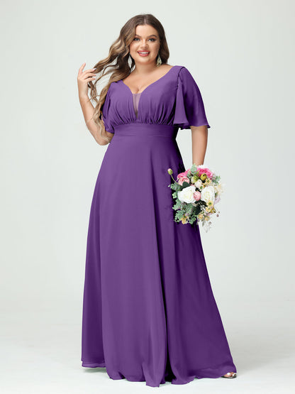 Corte A/Princesa Decote Em V Meia Manga Chiffon Vestidos de Dama de Honra Tamanho Grande com Bolsos