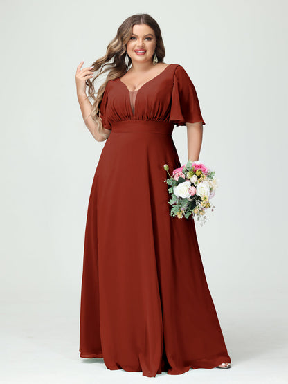 Corte A/Princesa Decote Em V Meia Manga Chiffon Vestidos de Dama de Honra Tamanho Grande com Bolsos