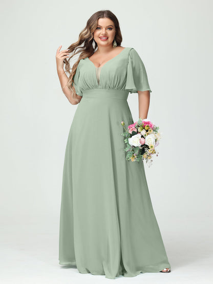 Corte A/Princesa Decote Em V Meia Manga Chiffon Vestidos de Dama de Honra Tamanho Grande com Bolsos