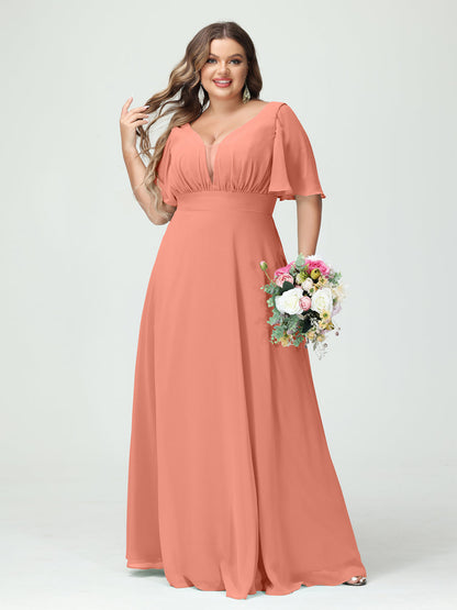 Corte A/Princesa Decote Em V Meia Manga Chiffon Vestidos de Dama de Honra Tamanho Grande com Bolsos