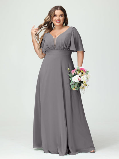 Corte A/Princesa Decote Em V Meia Manga Chiffon Vestidos de Dama de Honra Tamanho Grande com Bolsos