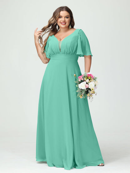 Corte A/Princesa Decote Em V Meia Manga Chiffon Vestidos de Dama de Honra Tamanho Grande com Bolsos