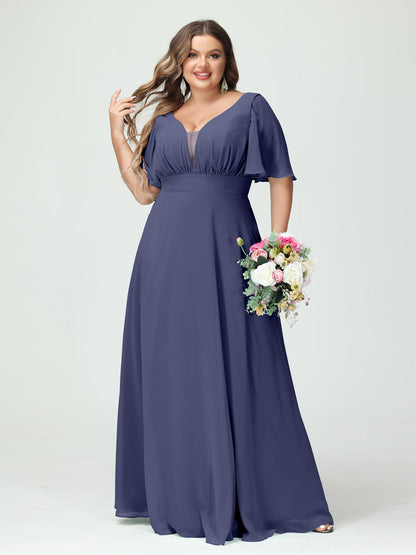 Corte A/Princesa Decote Em V Meia Manga Chiffon Vestidos de Dama de Honra Tamanho Grande com Bolsos