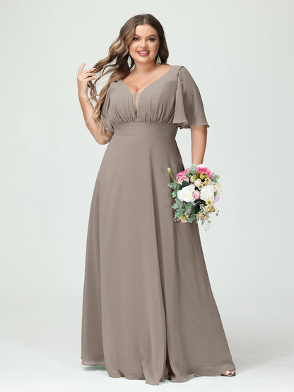 Corte A/Princesa Decote Em V Meia Manga Chiffon Vestidos de Dama de Honra Tamanho Grande com Bolsos