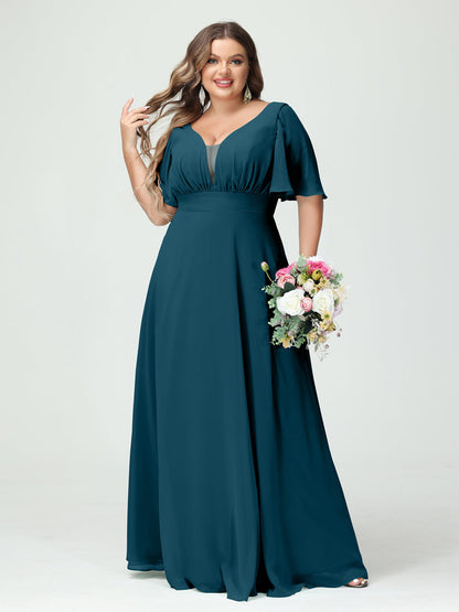 Corte A/Princesa Decote Em V Meia Manga Chiffon Vestidos de Dama de Honra Tamanho Grande com Bolsos