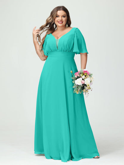 Corte A/Princesa Decote Em V Meia Manga Chiffon Vestidos de Dama de Honra Tamanho Grande com Bolsos