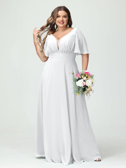 Corte A/Princesa Decote Em V Meia Manga Chiffon Vestidos de Dama de Honra Tamanho Grande com Bolsos