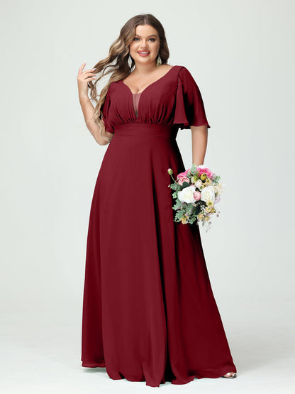 Corte A/Princesa Decote Em V Meia Manga Chiffon Vestidos de Dama de Honra Tamanho Grande com Bolsos