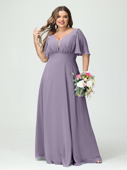Corte A/Princesa Decote Em V Meia Manga Chiffon Vestidos de Dama de Honra Tamanho Grande com Bolsos