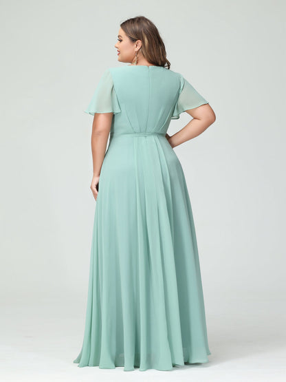 Vestidos Princesa/ Formato A Decote Em V Manga Curta Chiffon Split Side Plus Size Vestidos de Dama de Honra com Bolsos e Cinto
