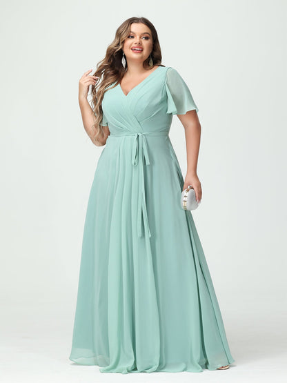 Vestidos Princesa/ Formato A Decote Em V Manga Curta Chiffon Split Side Plus Size Vestidos de Dama de Honra com Bolsos e Cinto