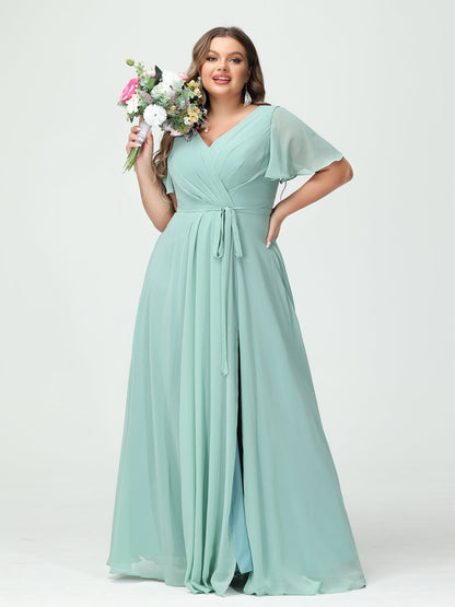 Vestidos Princesa/ Formato A Decote Em V Manga Curta Chiffon Split Side Plus Size Vestidos de Dama de Honra com Bolsos e Cinto