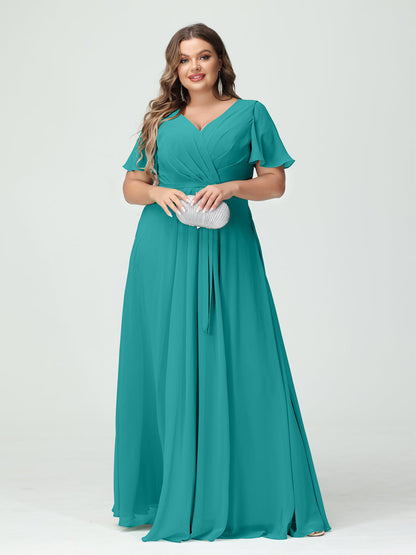 Vestidos Princesa/ Formato A Decote Em V Manga Curta Chiffon Split Side Plus Size Vestidos de Dama de Honra com Bolsos e Cinto